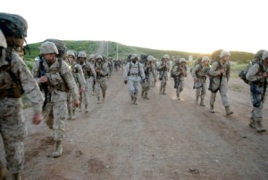 More than 240 recruits from Company K head up into the hills at Edson Range, Marine Corps Base Camp Pendleton, Calif., on their last hike of the Crucible, a 54–hour culmination of all recruit training, April 3.