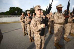 Rct. George Ondek, Platoon 1042, Alpha Company, 1st Recruit Training Battalion, performs a precision drill movement during the final drill evaluation June 5, 2013, on Parris Island, S.C. (Photo by Lance Cpl. MaryAnn Hill)