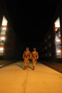 Rct. Austin Jones, an 18-year-old from Piedmont, Ala., and Rct. Vincent Jones, a 19-year-old from Orange, N.J., patrol Kilo Company barracks.(Photo by Lance Cpl. Francisco Abundes)