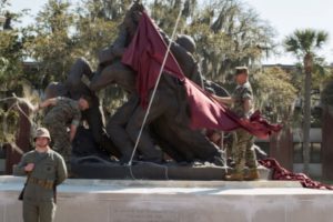 Marines of Headquarters and Service Battalion unveil the iconic Iwo Jima statue March 14, 2016, on Parris Island. (Photo by Sgt. Jennifer Schubert)