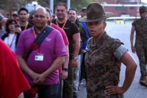 SSgt Simone King, Senior Drill Instructor, 4th Battalion, Recruit Training Regiment, instructs attendees of the Recruiting Station Baton Rouge and Jacksonville Educators Workshop (Photo by Lance Cpl. Jack A. E. Rigsby)