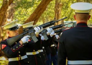 The rifle squad fired volleys to salute fallen veterans at the end of the ceremony. The Marines are with Marine Corps Recruit Depot Parris Island. (Photo by Lance Cpl. Benjamin McDonald)