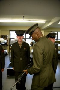 Lt. Col. Joseph W. Jones, the 2nd Recruit Training Battalion Commander, asks Pfc. Carter White why he wanted to join the Marine Corps during the Battalion Commander’s Inspection on Parris Island, S.C. (Photo by Lance Cpl. David Bessey)