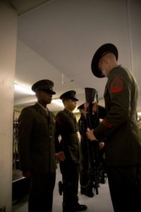 Pvt. Chris Gomez, 19, Platoon 2044, Hotel Company, 2nd Recruit Training Battalion, stands at attention as a Drill Instructor inspects his weapon during the Battalion Commander’s Inspection (Photo by Lance Cpl. David Bessey)