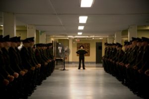 Senior Drill Instructor of Platoon 2044, Hotel Company, 2nd Recruit Training Battalion, prepares for the Battalion Commander’s Inspection. (Photo by Lance Cpl. David Bessey)