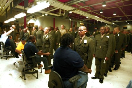 Recruits from Alpha Company, 1st Recruit Training Battalion, have their Service Alpha uniforms tailored at Clothing Issue. (photo by Lance Cpl. Javarre Glanton)