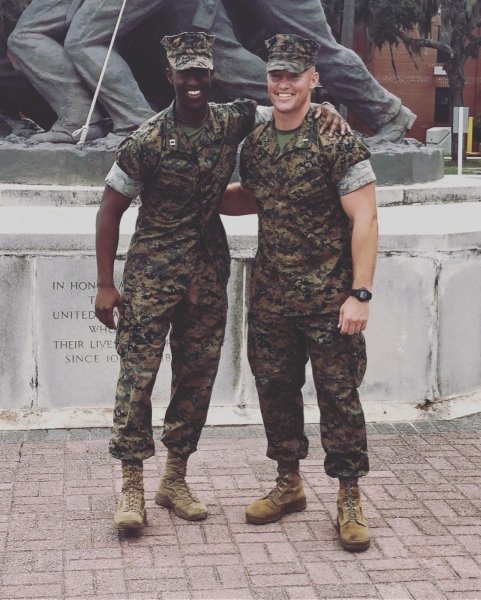 Capt. Ziaire O'Brien, left, and 1st Lt. Luke Johnson started out as classmates at high school in Beaufort, South Carolina. Their relationship has forged into a brotherhood in the Marine Corps and has returned them to the place they grew up. (Photo courtesy of Capt. Ziaire O'Brien)