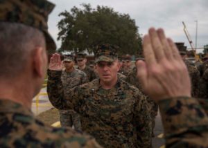 U.S. Marine Corps Chief Warrant Officer Matthew Kessinger, personnel officer of 6th Marine Corps District recites the oath of office during his promotion to chief warrant officer five aboard MCRD Parris Island. (U.S. Marine Corps photo by Lance Cpl. Jack A. E. Rigsby)