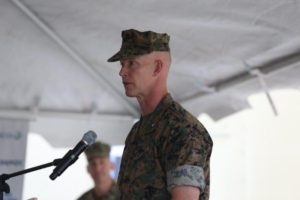 MCRD PI Commanding General, James F. Glynn, speaks during a ceremony dedicated to the official opening of the depot’s new power plant. (U.S. Marine Corps photo by Lance Cpl. Ryan Hageali)