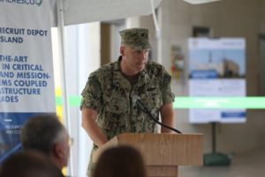 Public Works Officer Navy Cmdr. Andy Litteral speaks during a ceremony dedicated to the official opening of the depot’s new power plant on Marine Corps Recruit Depot Parris Island, S.C. June 20, 2019. (U.S. Marine Corps photo by Lance Cpl. Ryan Hageali)