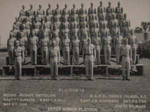 Platoon 19 of Parris Island Recruit Training graduating class of 1955. Marines pictured were Sgt. Maj. (Ret.) Francis T. McNeive’s recruits from one of his cycles as a drill instructor on the island. (U.S. Marine Corps photo by Lance Cpl. Ryan Hageali)