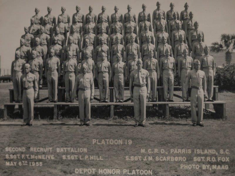 Platoon 19 of Parris Island Recruit Training graduating class of 1955. Marines pictured were Sgt. Maj. (Ret.) Francis T. McNeive’s recruits from one of his cycles as a drill instructor on the island. (U.S. Marine Corps photo by Lance Cpl. Ryan Hageali)