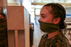 Marines with Golf Company, 2nd Recruit Training Battalion, receive afternoon chow aboard Marine Corps Recruit Depot Parris Island, S.C., April 22, 2020. The Marine Corps continues to implement social distancing standards while in training in response to the Corona-virus.(U.S. Marine Corps photos by Lance Cpl. Ryan Hageali)