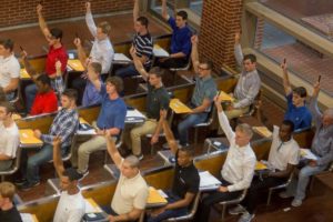 New U.S. Marine Corps recruits prepare to complete entry paperwork during the receiving process at Parris Island, S.C., July 16, 2018. (U.S. Marine Corps photo by Cpl. Joseph Jacob)