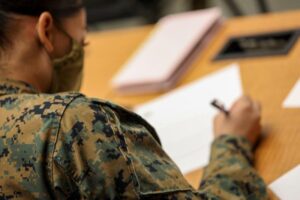 A Marine attending the Senior Drill Instructor Course takes notes on Marine Corps Recruit Depot Parris Island S.C. (Photo by LCpl Hageali)