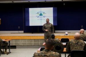 Gunnery Sgt. Matthew Dike, the lead instructor for the Senior Drill Instructor Course teaches a class on Marine Corps Recruit Depot Parris Island, SC. (U.S. Marine Corps photo by LCpl Hageali)