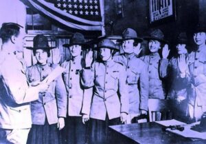 Women Marines give the oath of enlistment on Marine Corps Recruit Depot Parris Island, S.C. circa 1949