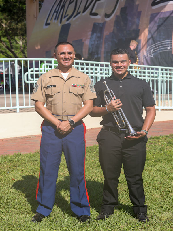 U.S. Marine Corps Staff Sgt. Carlos Ortiz, the music technical assistant for 6th Marine Corps District, and Evan Nazario, a Music Enlistment Option Program candidate. (U.S. Marine Corps photo by Lance Cpl. Kevin Lopez Herrera)