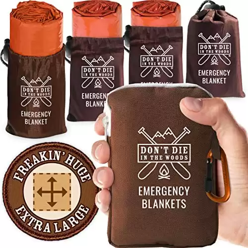 Don't Die In The Woods - Freakin’ Huge Emergency Blankets [4-Pack] Extra-Large Thermal Mylar Space Blankets with Ripstop Nylon Stuff Sacks + Carabiner Zipper Pack [Survival Orange]