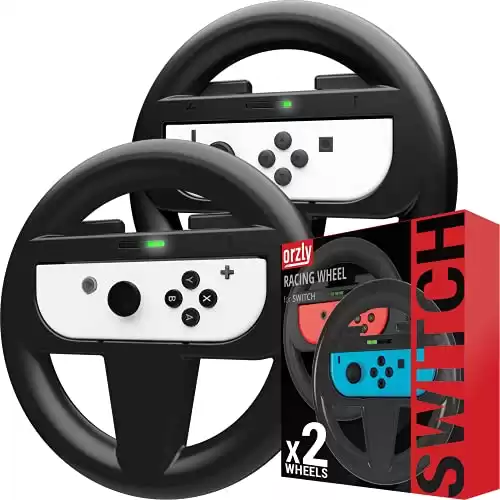 Orzly Steering Wheels for Nintendo Switch & OLED Console JoyCons, Racing Wheels for Mario Kart 8 Deluxe [Mariokart Switch Steering Wheel Joycon Controller Attachment Accessories]-Twin Pack [2X Bla...