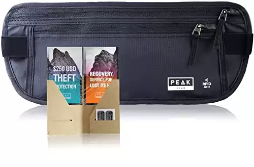 Peak Gear Travel Money Belt. Premium Quality Travel Wallet with RFID Blocking Fabric to Protect Credit Cards, Passports and Documents. Exclusive Theft Protection and 2 Recovery Tags | Black