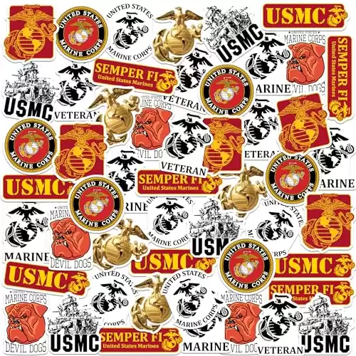 Marines 50ct Vinyl Large Deluxe Stickers Variety Pack - Laptop, Water Bottle, Scrapbooking, Tablet, Skateboard, Indoor/Outdoor